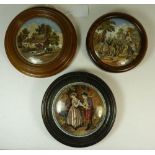 Trio of Prattware Pot Lids - Residence of Anne
Hathaway; Village Wedding; Motto;  10cms x 11 cms