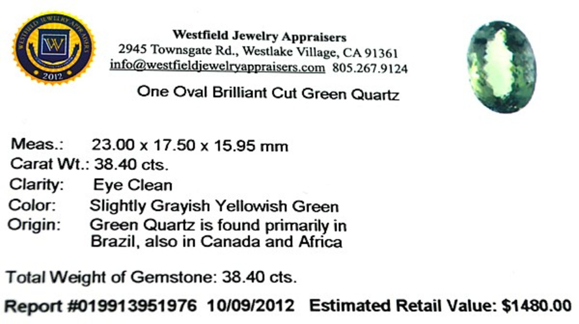 A stunning Oval Cut Green Quartz Gemstone = 38.40 carat, with eye clean clarity, this amazing - Image 2 of 2