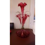 Victorian Cranberry Epergne. With centre
piece.  Circa 1880.