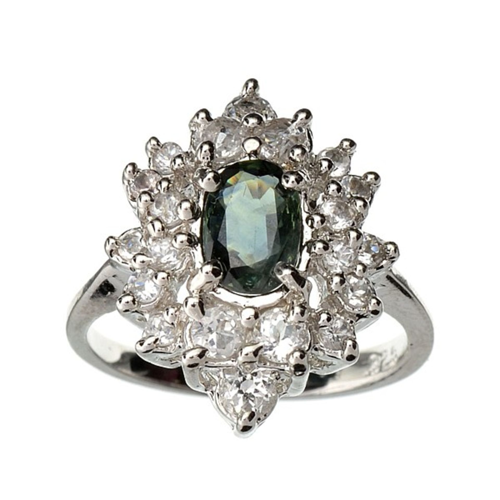 An exquisite 0.65 carat Green Sapphire And 20 x Topaz Platinum Over Silver Ring, size N-O