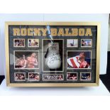 SYLVESTER STALLONE "Rocky" glove in deep box with cutout. Gold frame, size approx 40x34x10.