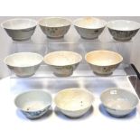 (Tek Sing Cargo Bowls circa 1822.  Blue and White
Various designs 14.75cms wide. (Some traces of