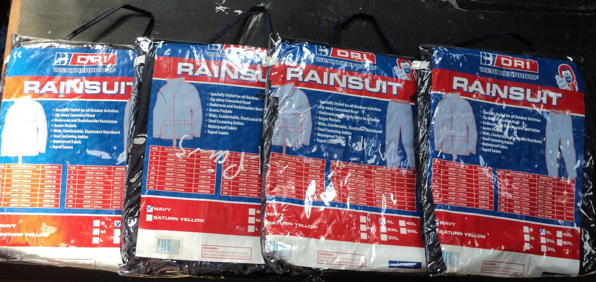 4 x Brand New Sets of 'DRI', Size XL, Weatherproof Rainsuits (One Lot)