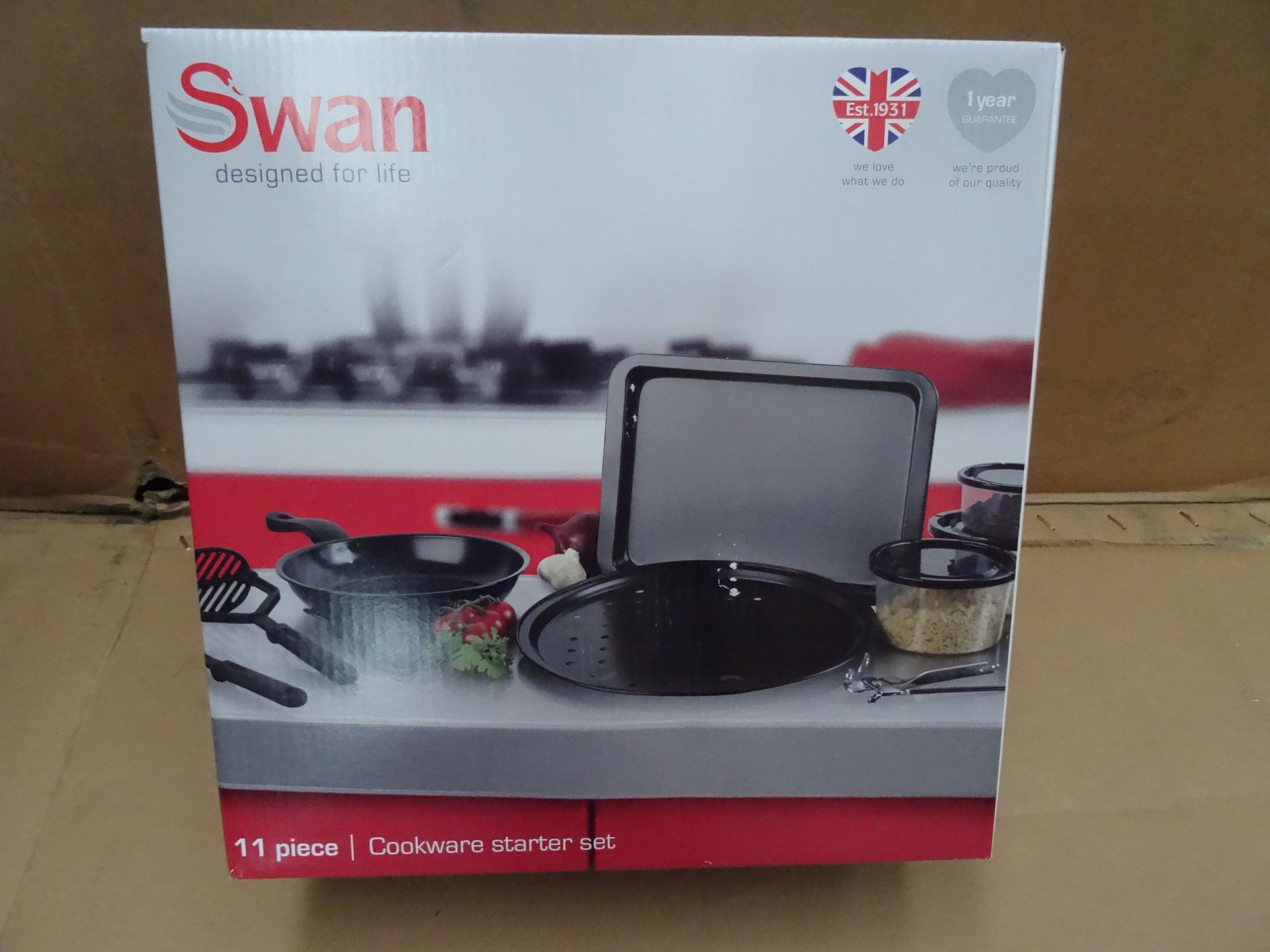 4 x Swan 11 Piece Kitchen Cookware sets. Each includes: 24cm Frying pan, non stick 33cm pizza