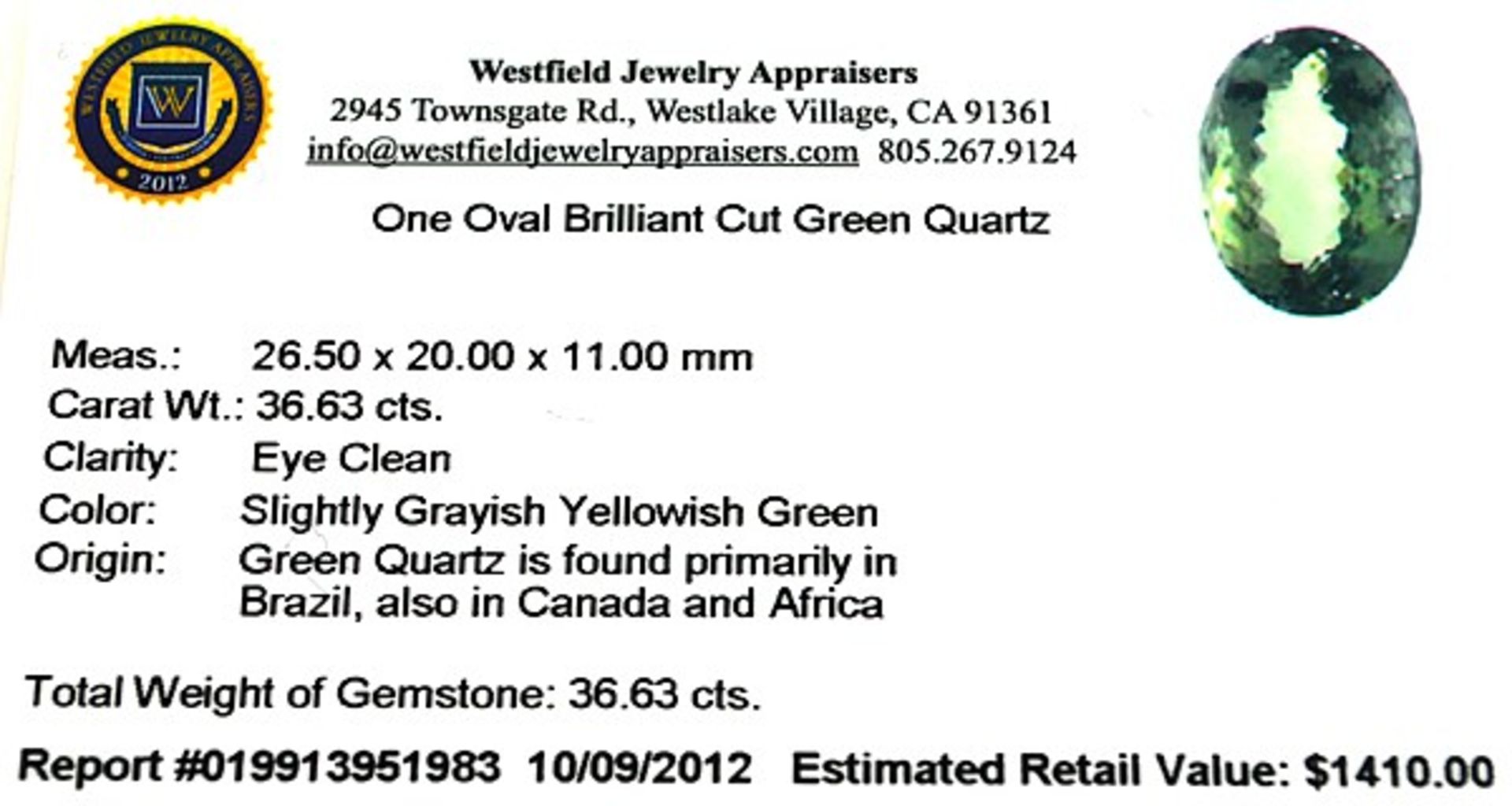 A stunning Oval Cut Green Quartz Gemstone = 36.63 carat, with eye clean clarity. - Image 2 of 2