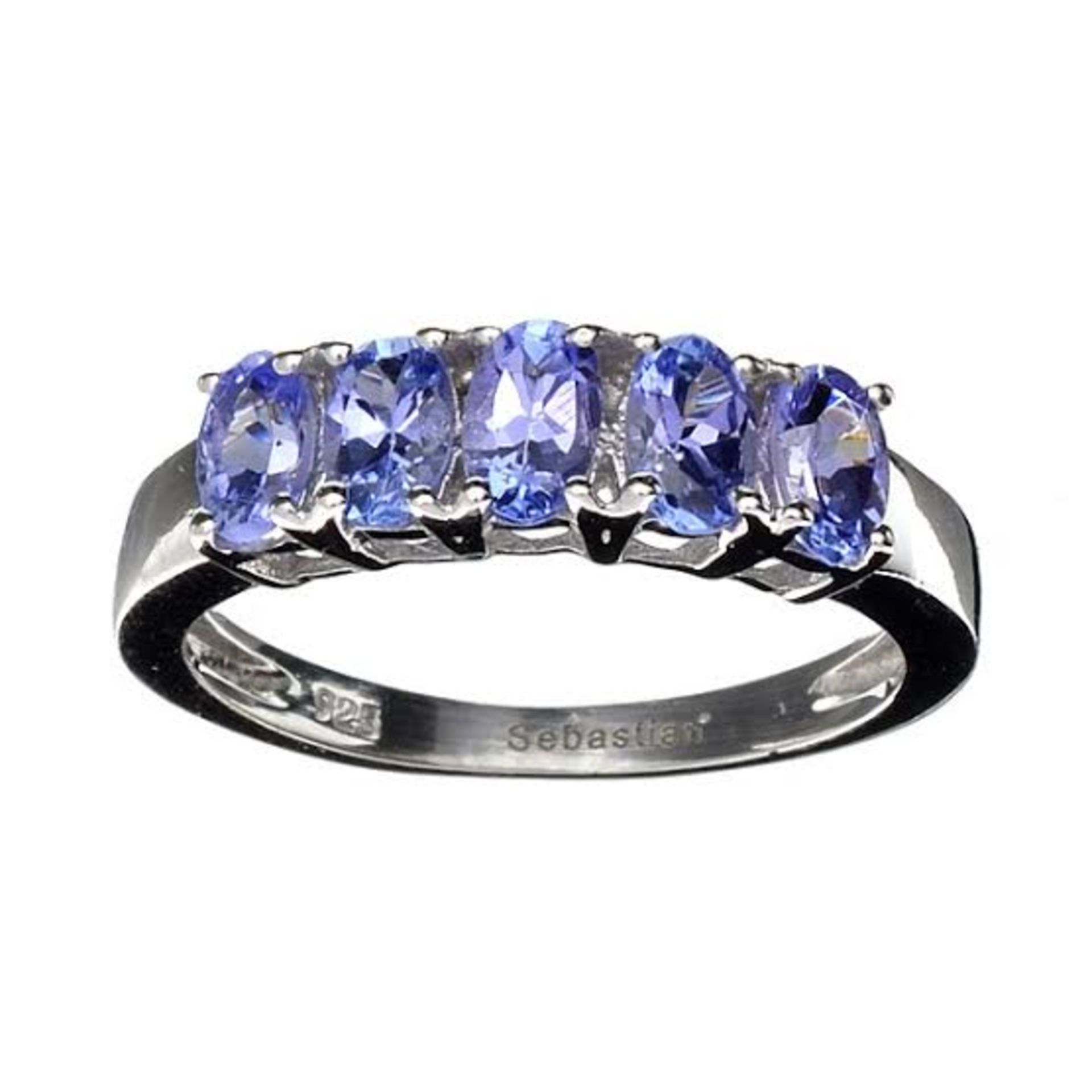 5 x Oval Cut Tanzanite = 1.75 carat And Platinum Over Silver Ring, size M-N, weight 1.75 grams