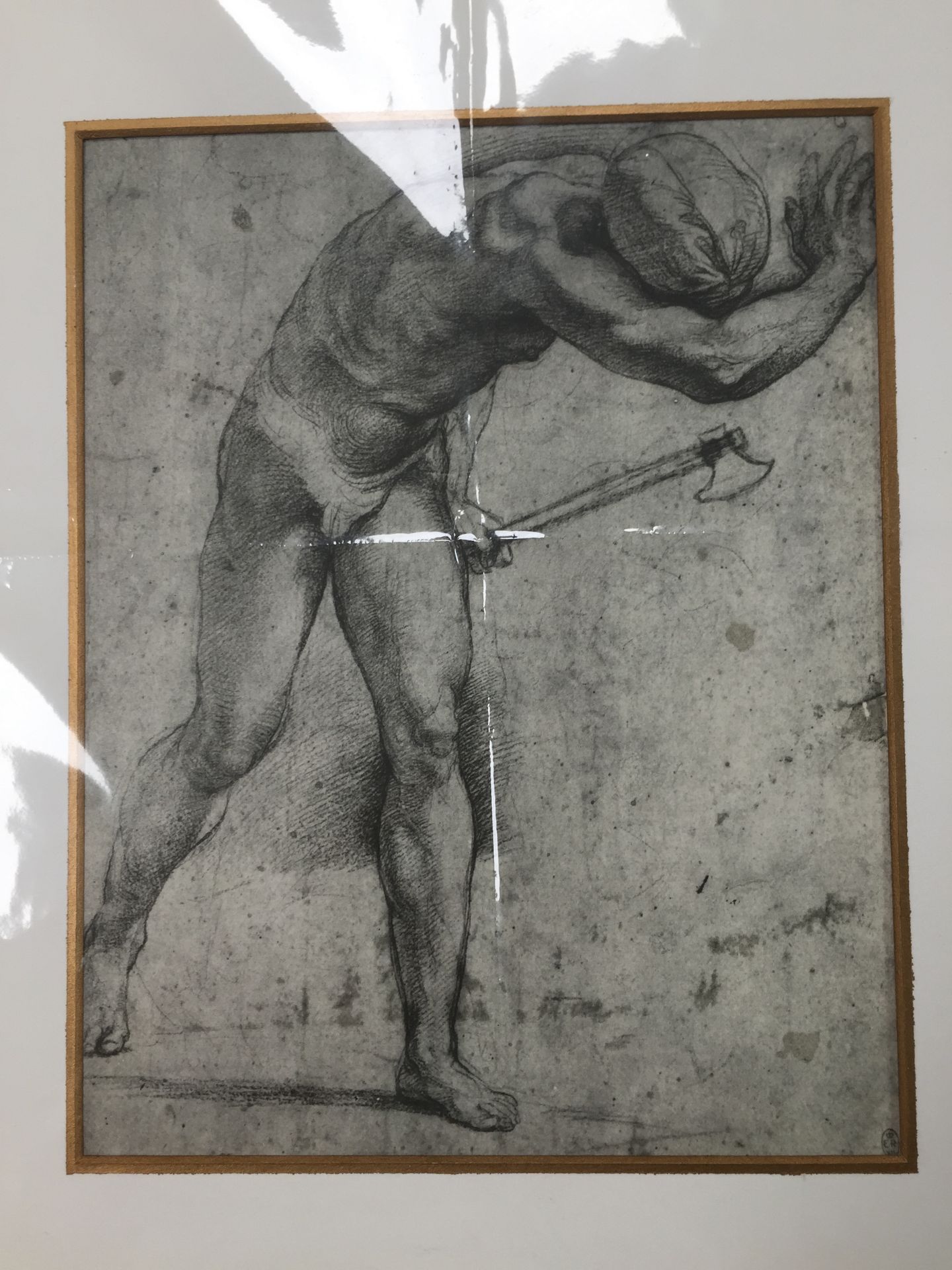 Mounted Lithographic print of drawing by Raphael entitled A Naked Figure fleeing with an Axe, - Image 2 of 7