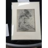 Mounted Lithographic print of drawing by Raphael entitled Two Naked Figures Crouching under a
