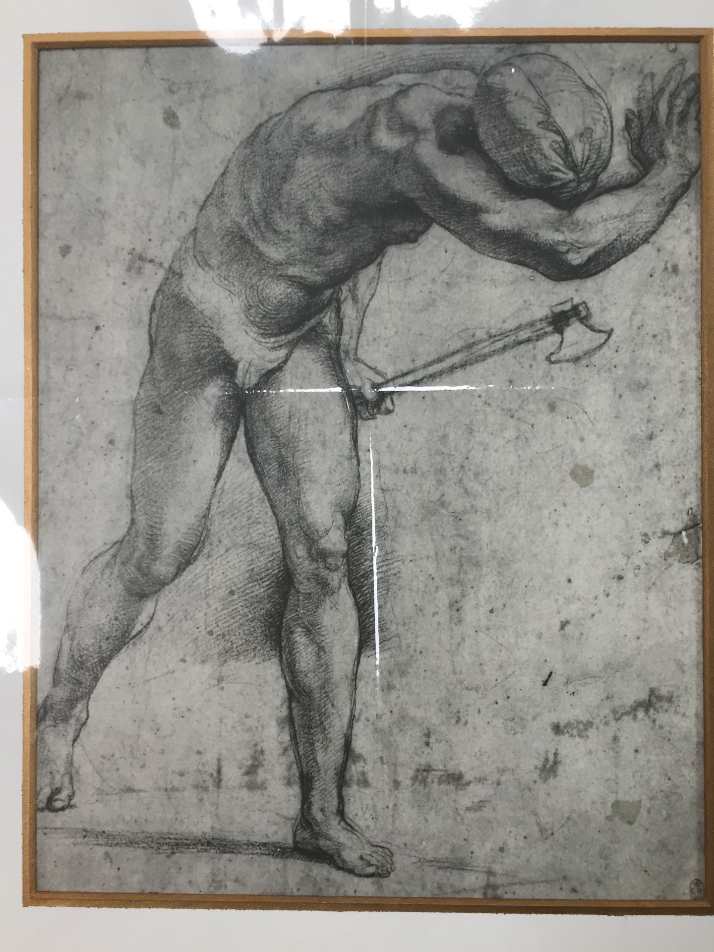 Mounted Lithographic print of drawing by Raphael entitled A Naked Figure fleeing with an Axe, - Image 3 of 7