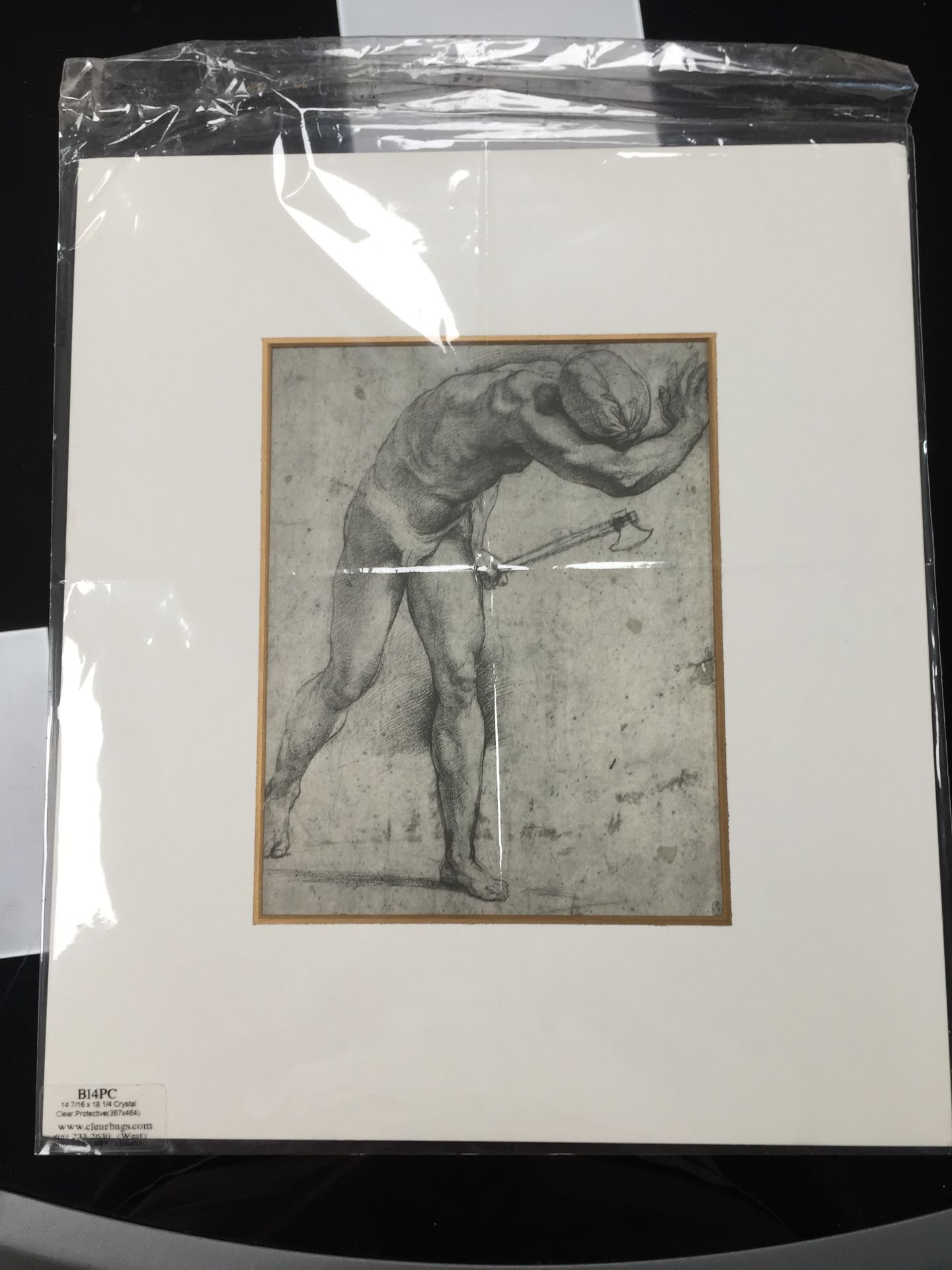 Mounted Lithographic print of drawing by Raphael entitled A Naked Figure fleeing with an Axe, - Image 7 of 7