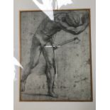 Mounted Lithographic print of drawing by Raphael entitled A Naked Figure fleeing with an Axe,