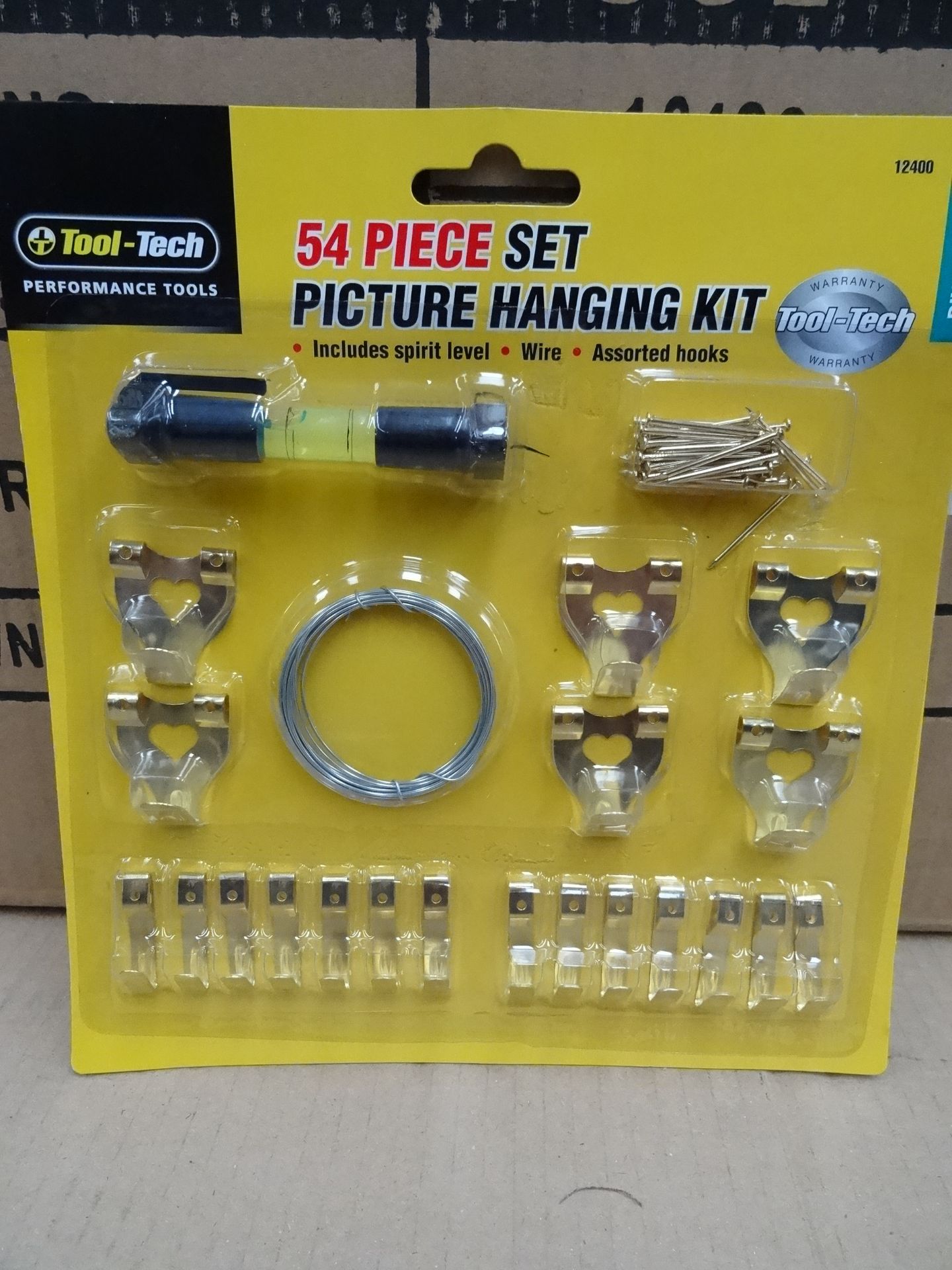 24 x Tool Tech 54 Piece Picture Hanging Kits. Includes Spirit Level, Wire and Assd. Hooks. Brand new