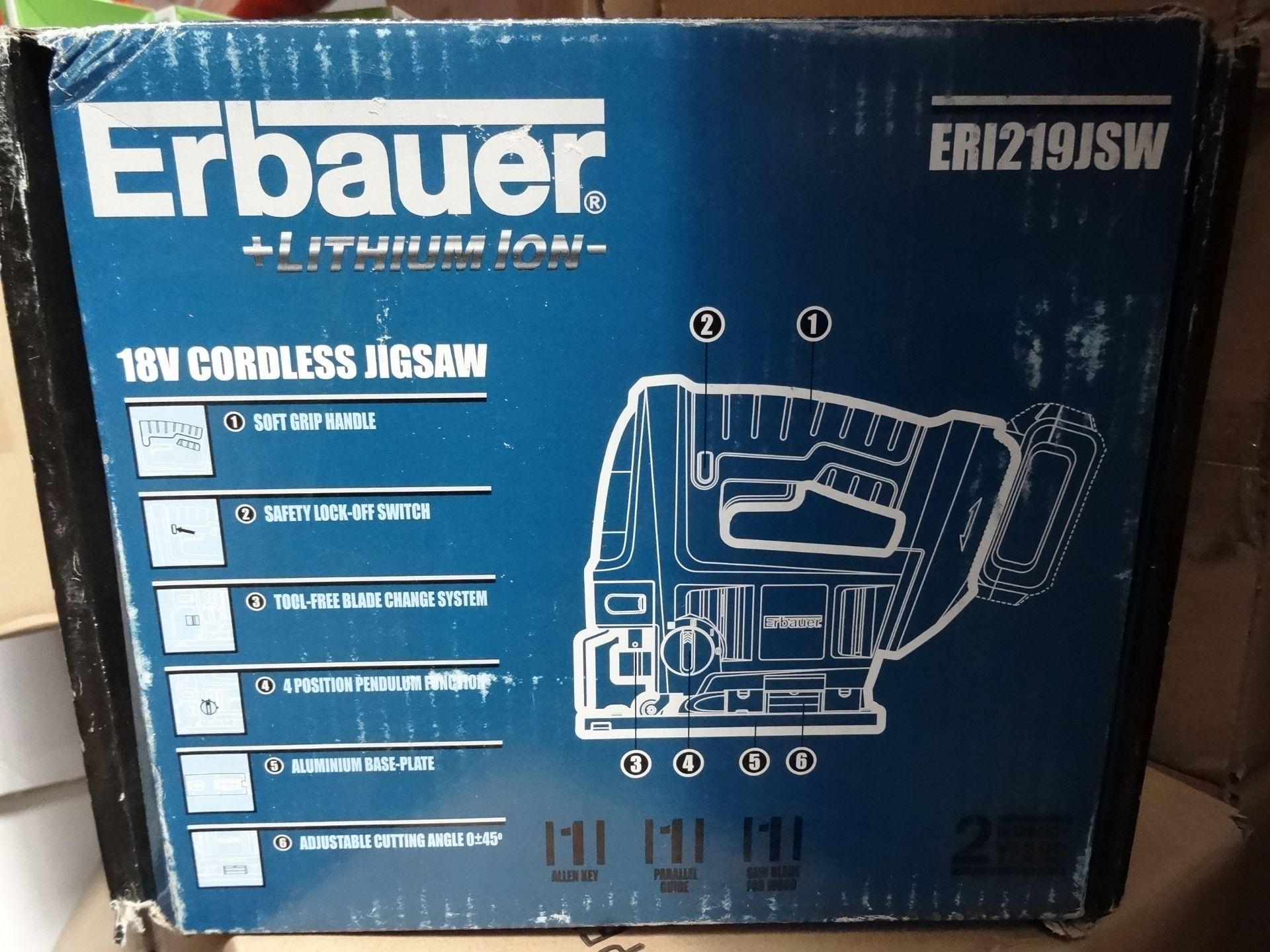1 x Erbauer Lithium Ion Jigsaw. ERI219JSW. Soft Grip Handle, Safety lock off switch, tool free blade