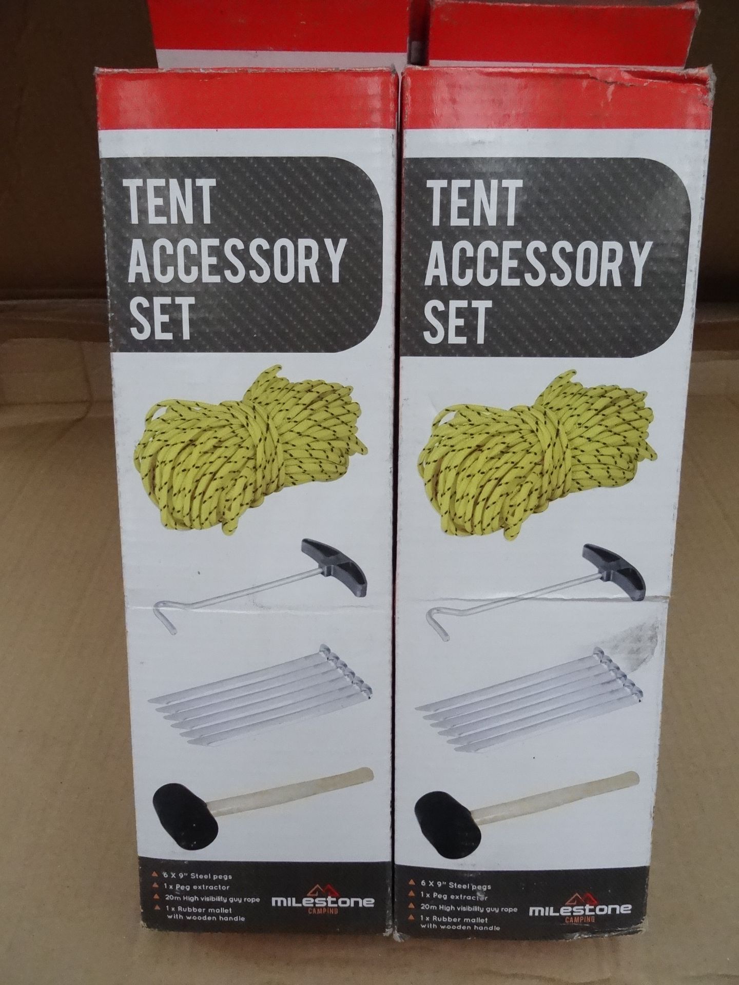 10 x Milestone Camping Tent Accessory Sets. Includes: 6 x 9 inch steel pegs, 1 x peg extractor,