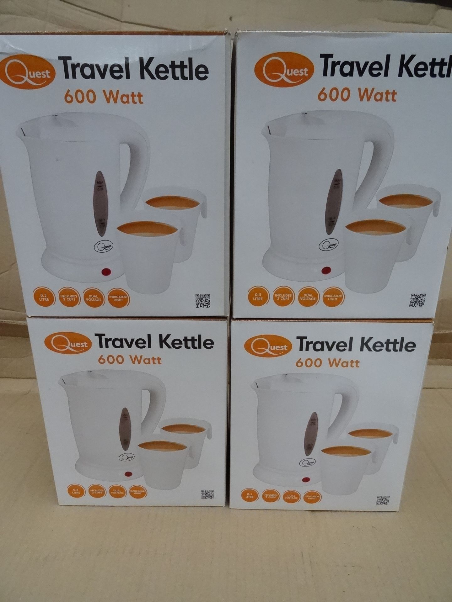 4 x Quest Travel Kettles. 600 Watt. 0.5 Litre. Includes 2 cups, dual voltage, indicator light. Brand