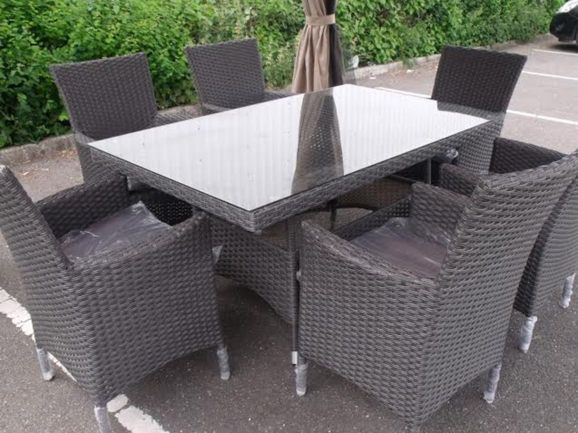 7 PIECE QUALITY RATTAN PATIO / DINING SET MULTI GREY ALL WEATHER PU RATTAN WITH CONTRASTING GREY