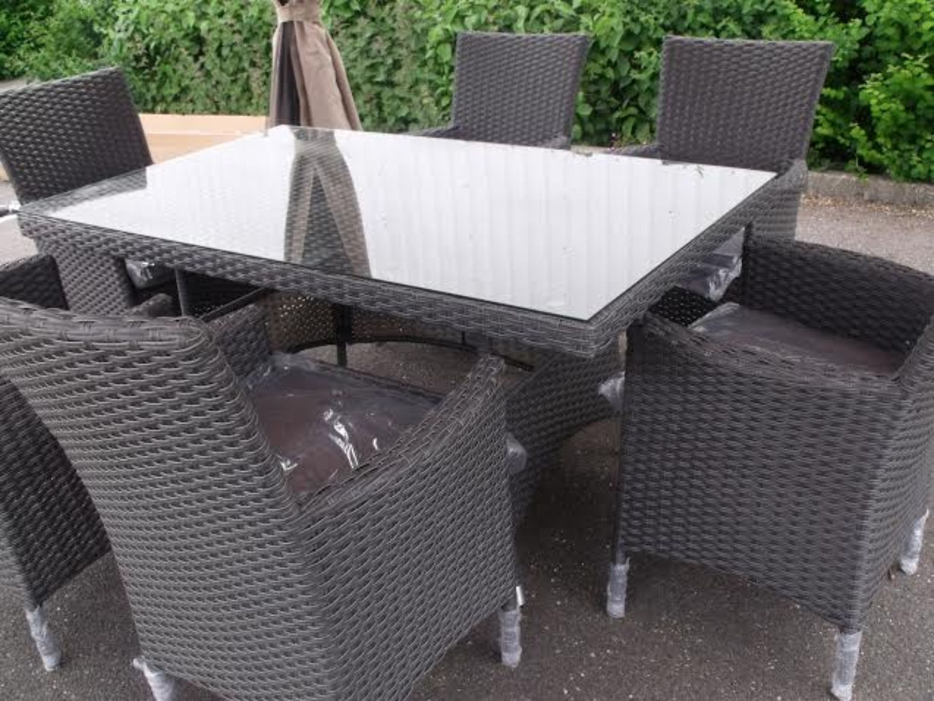 7 PIECE QUALITY RATTAN PATIO / DINING SET MULTI GREY ALL WEATHER PU RATTAN WITH CONTRASTING GREY - Image 2 of 2