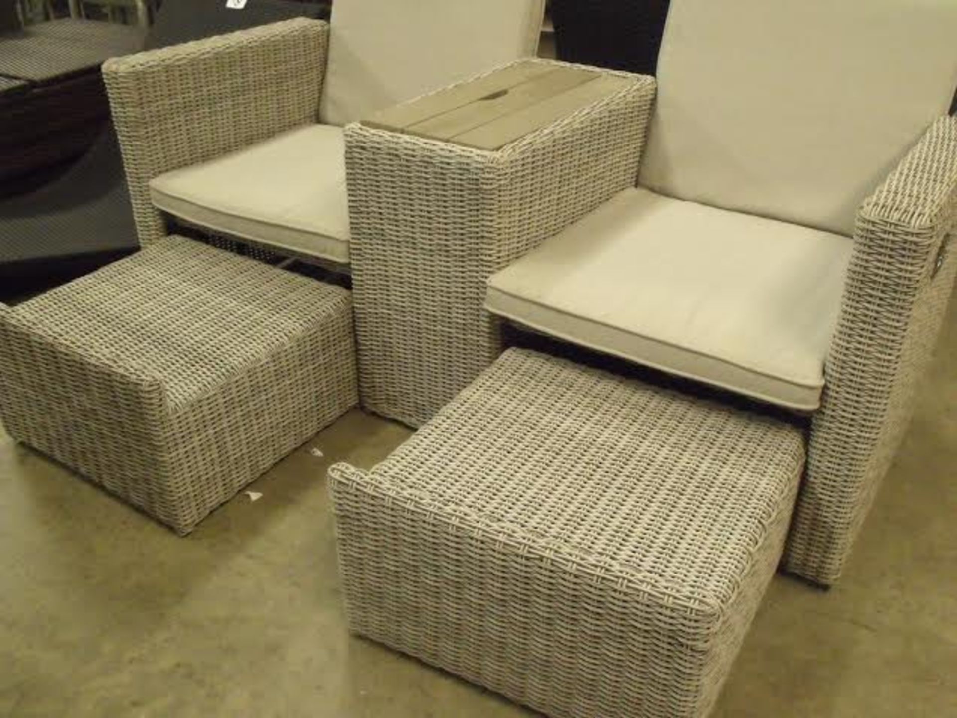 EXECUTIVE HIS n HERS RECLINING LOUNGE SET FULL ROUND MULTI GREY RATTAN 2 X STOW AWAY FOOTSTOOLS - Image 2 of 6
