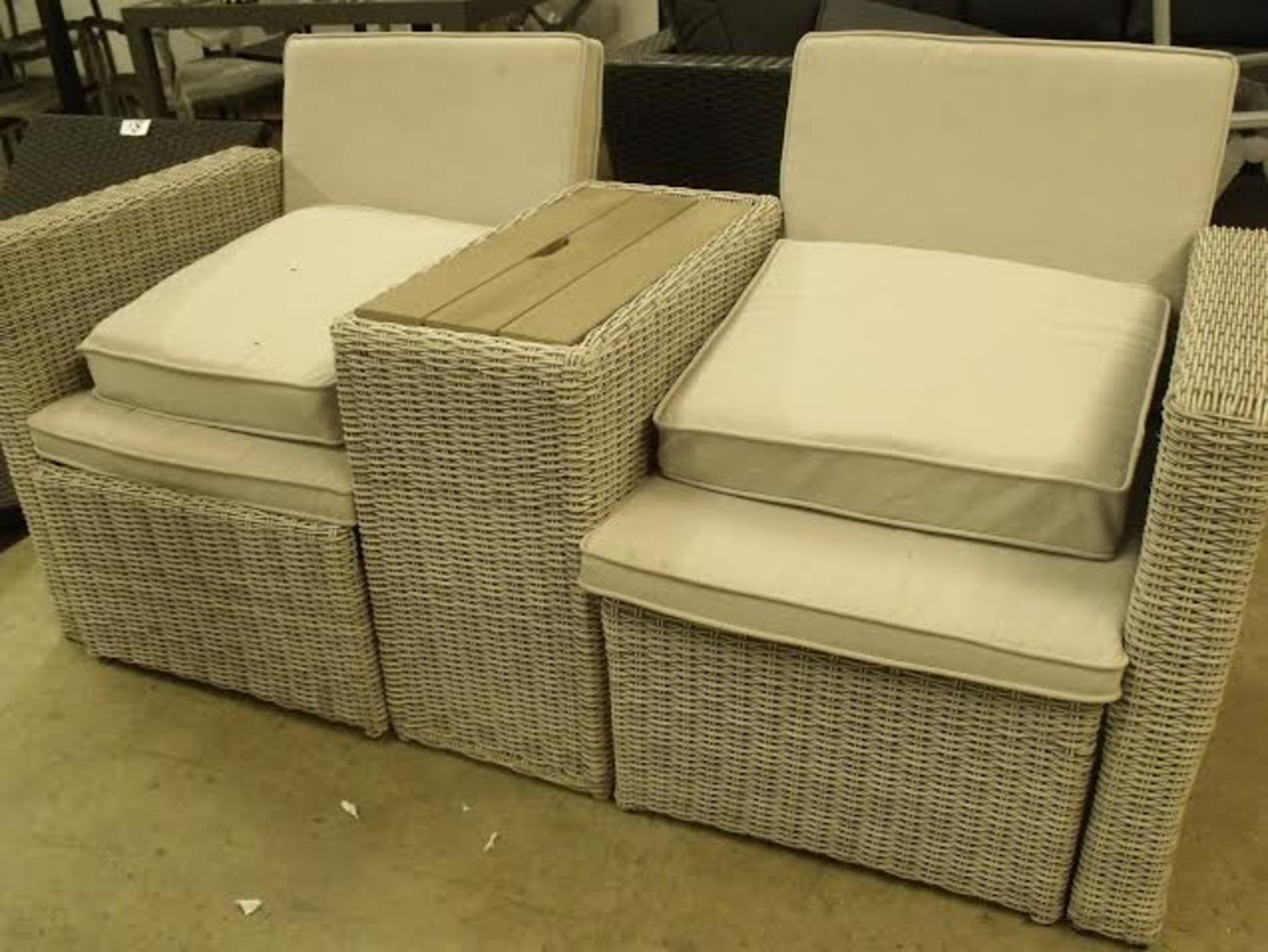 EXECUTIVE HIS n HERS RECLINING LOUNGE SET FULL ROUND MULTI GREY RATTAN 2 X STOW AWAY FOOTSTOOLS