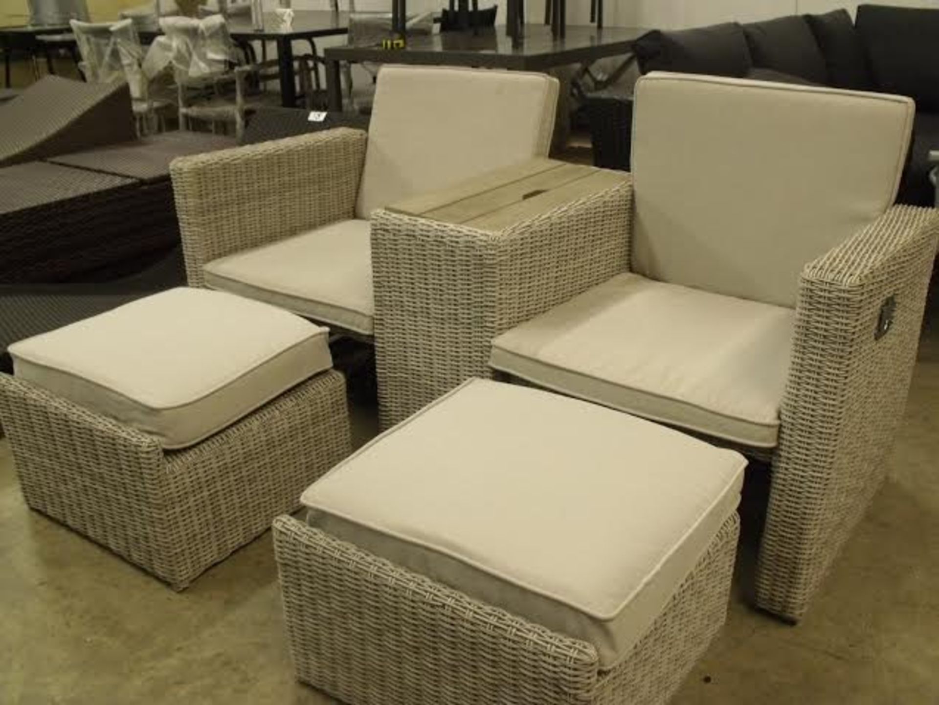 EXECUTIVE HIS n HERS RECLINING LOUNGE SET FULL ROUND MULTI GREY RATTAN 2 X STOW AWAY FOOTSTOOLS - Image 3 of 6