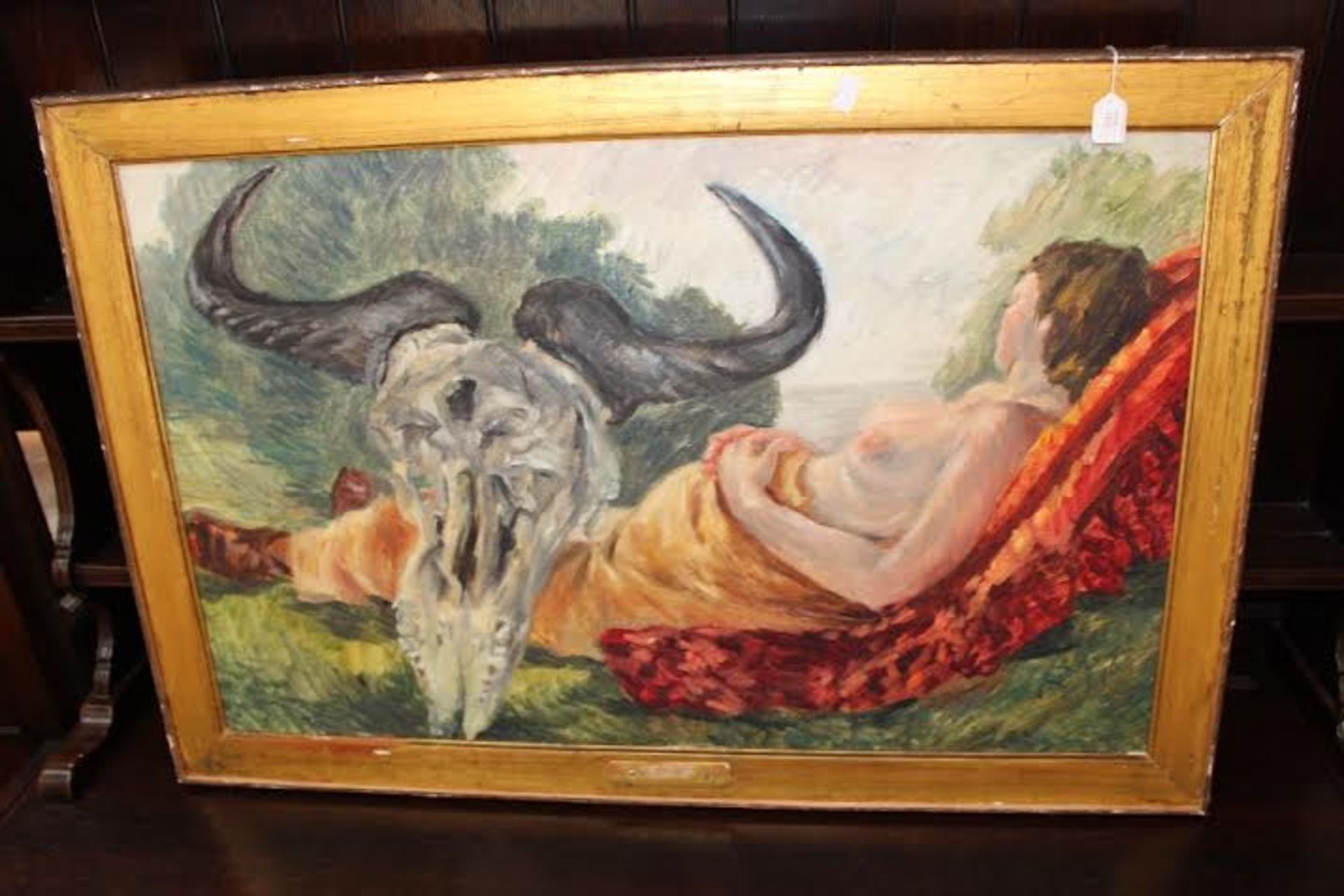 Rudolph, Francis (1921-2005) oil of a semi nude with a rams head.