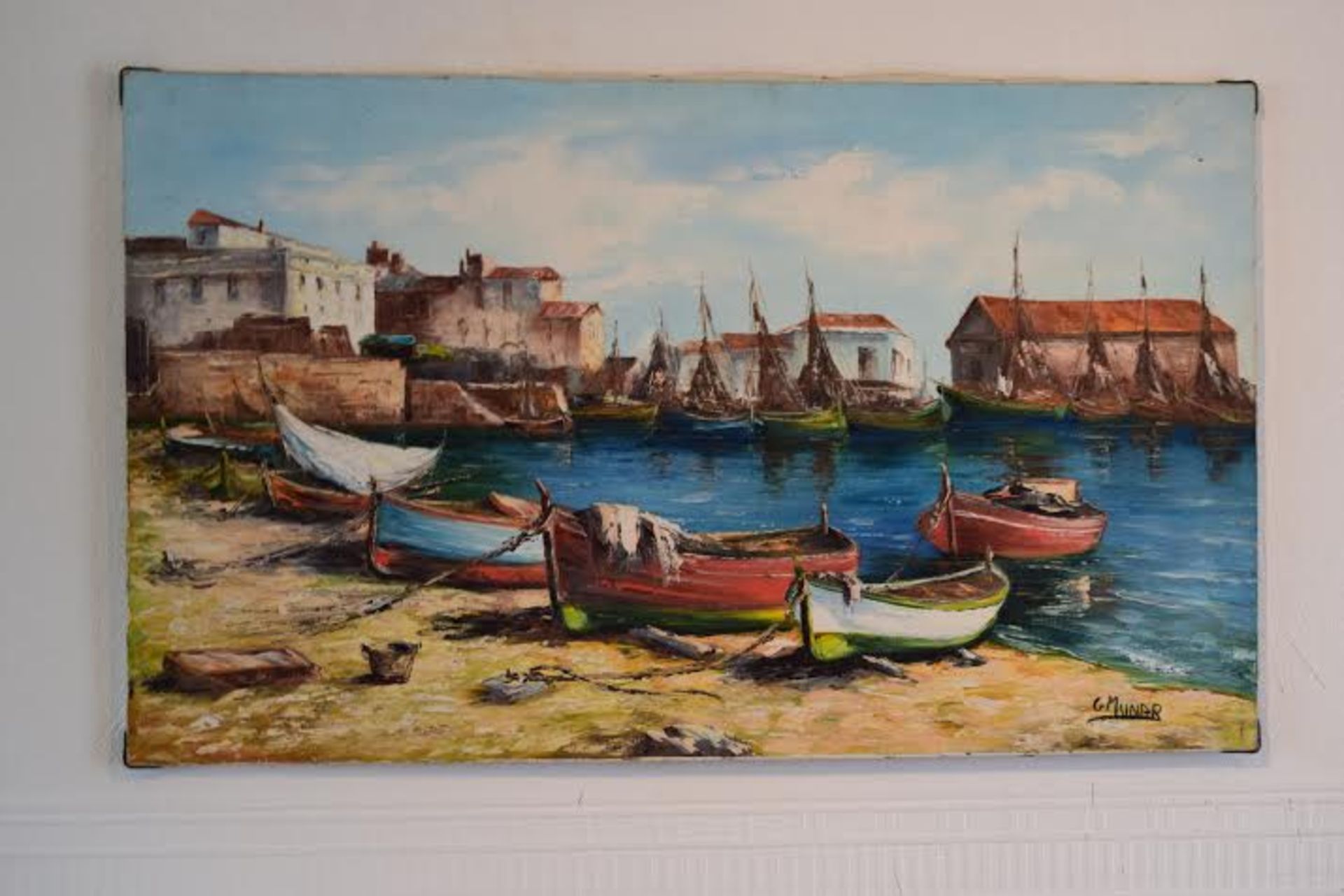 A stunning oil on canvas picture of a harbour in Mallorca by artist G.Munar.