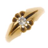 An early 20th century 18ct gold diamond single-stone ring. The old-cut diamond, within an extended