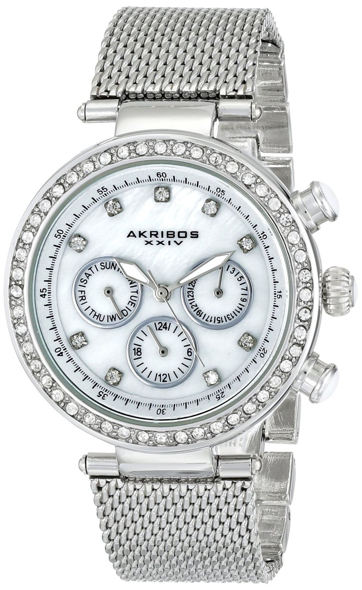 Akribos XXIV Women's AK682SS "Lady" Crystal-Accented Watch with Stainless Steel Mesh Bracelet –