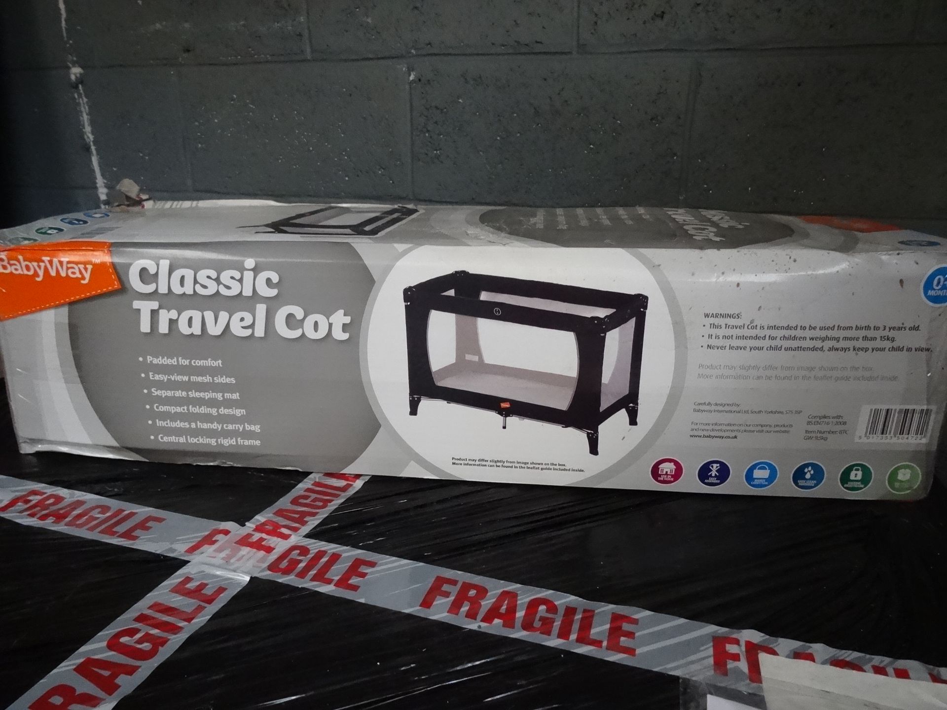 8 x Babyway Classic Travel Cots. Padded for comfort. Easy view mesh sides. Separate sleeping mat.