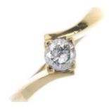A diamond single-stone crossover ring. The brilliant-cut diamond, to the asymmetric shoulders.