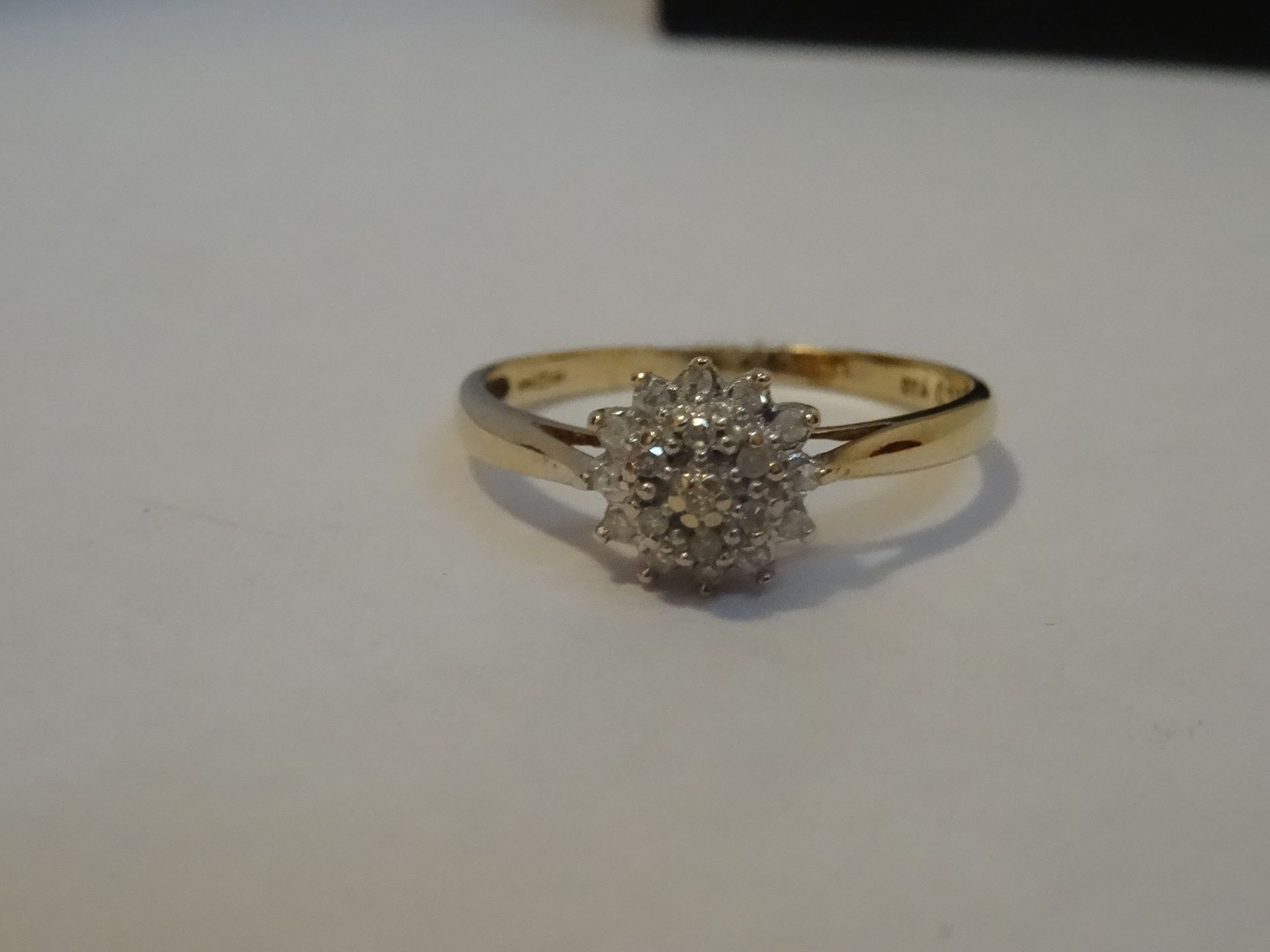 9 Carat Yellow Gold Diamond Cluster Ring. Total Piece Weight 1.59 Grams