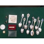 Various Souvenir Spoons Together With Vintage Costume Jewellery, Churchill Crown & Thai Coin.