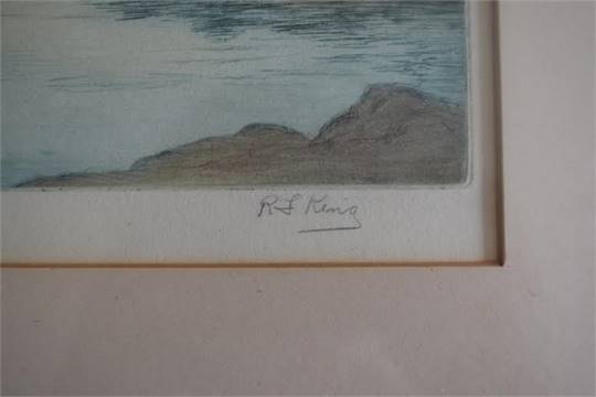 Watercolour etching of fishermen on "Ben Lomond" signed R.F. King Vintage Etching of "Ben Lomond", - Image 2 of 3