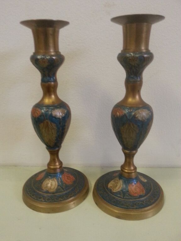 A Pair of Painted Brass 20cm Candlesticks. Delivery Available.