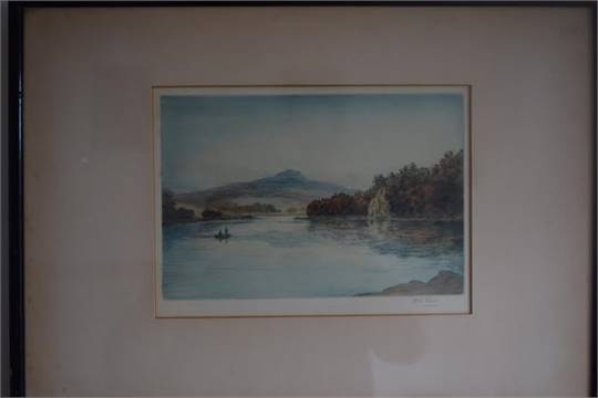 Watercolour etching of fishermen on "Ben Lomond" signed R.F. King Vintage Etching of "Ben Lomond",