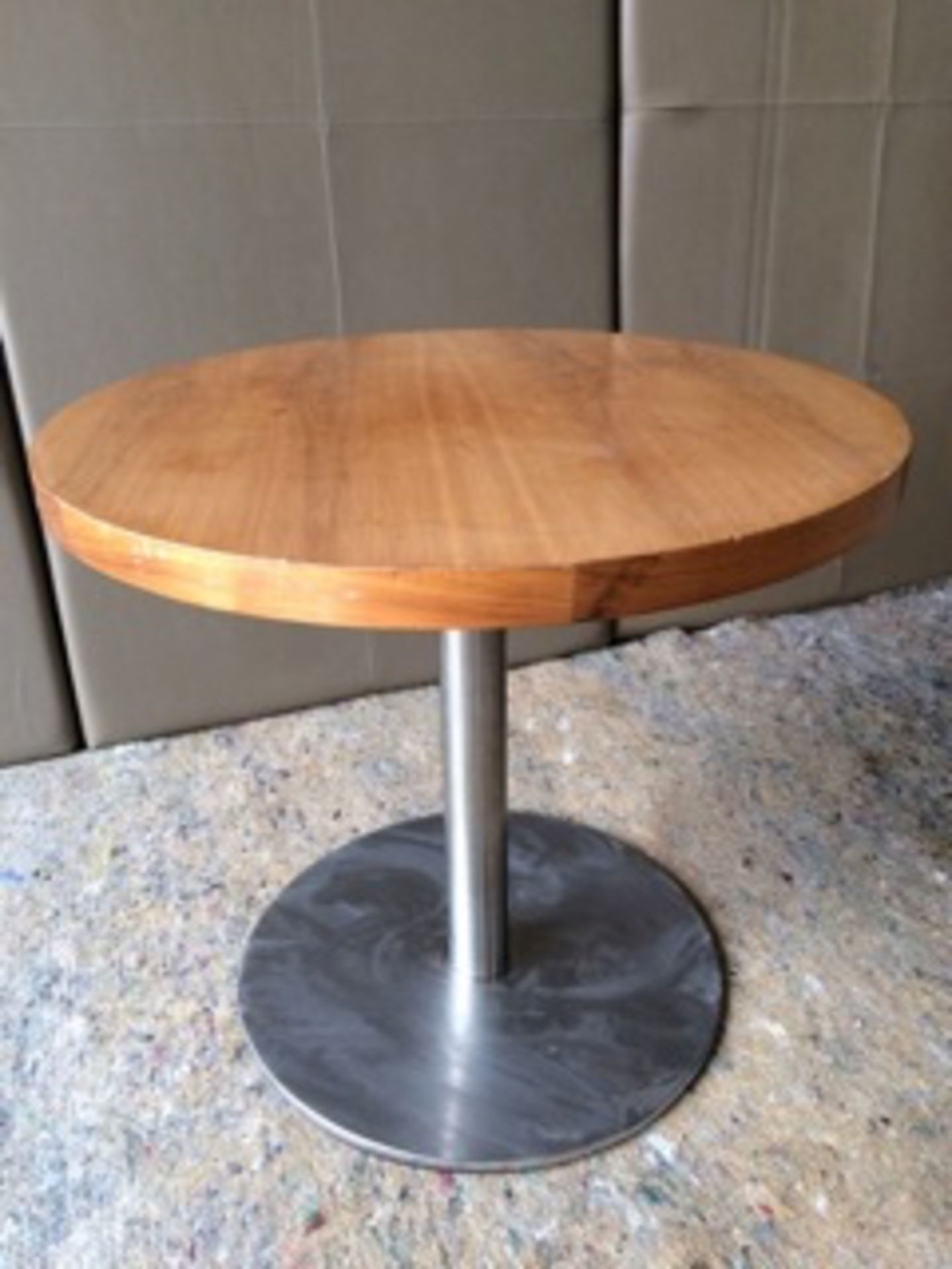 3 TABLES: GOOD QUALITY HEAVY BASE. IN BRUSHED STEEL, LIGHT WOOD VENEER ROUND TOPS: 71CM HIGH 80CM