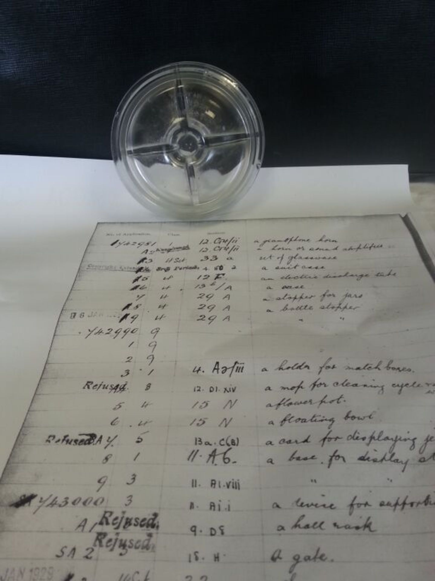 A 1920s Patented Glass Item Together with Copy of Patent Application Register -  No Reserve