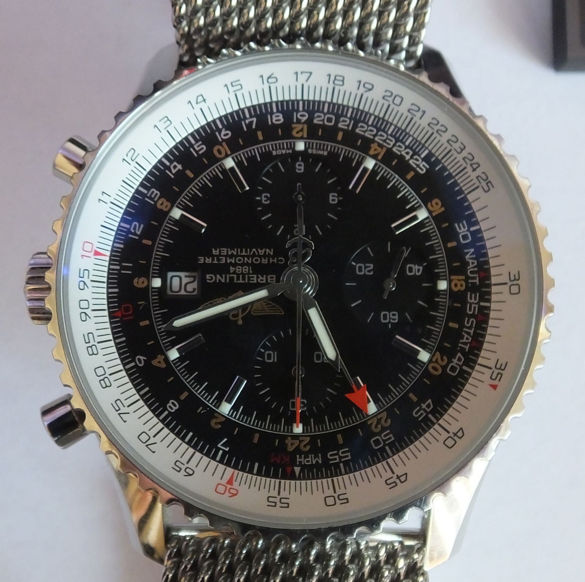 A Very Rare Breitling Navitimer World with Box, papers, and 5 year electronic world wide waranty.