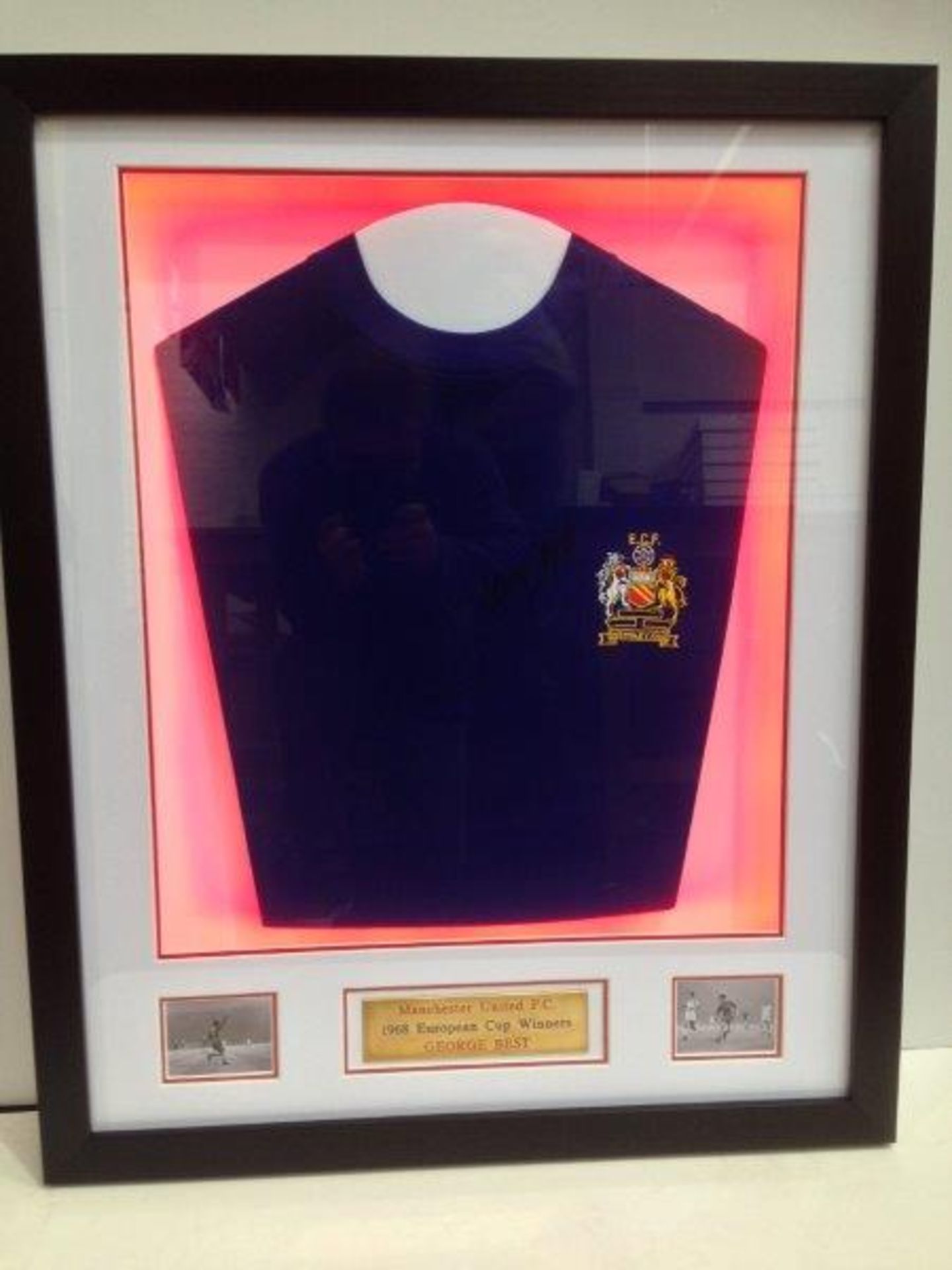 George Best signed 3D shirt illuminated. Frame size (inches): 26x32