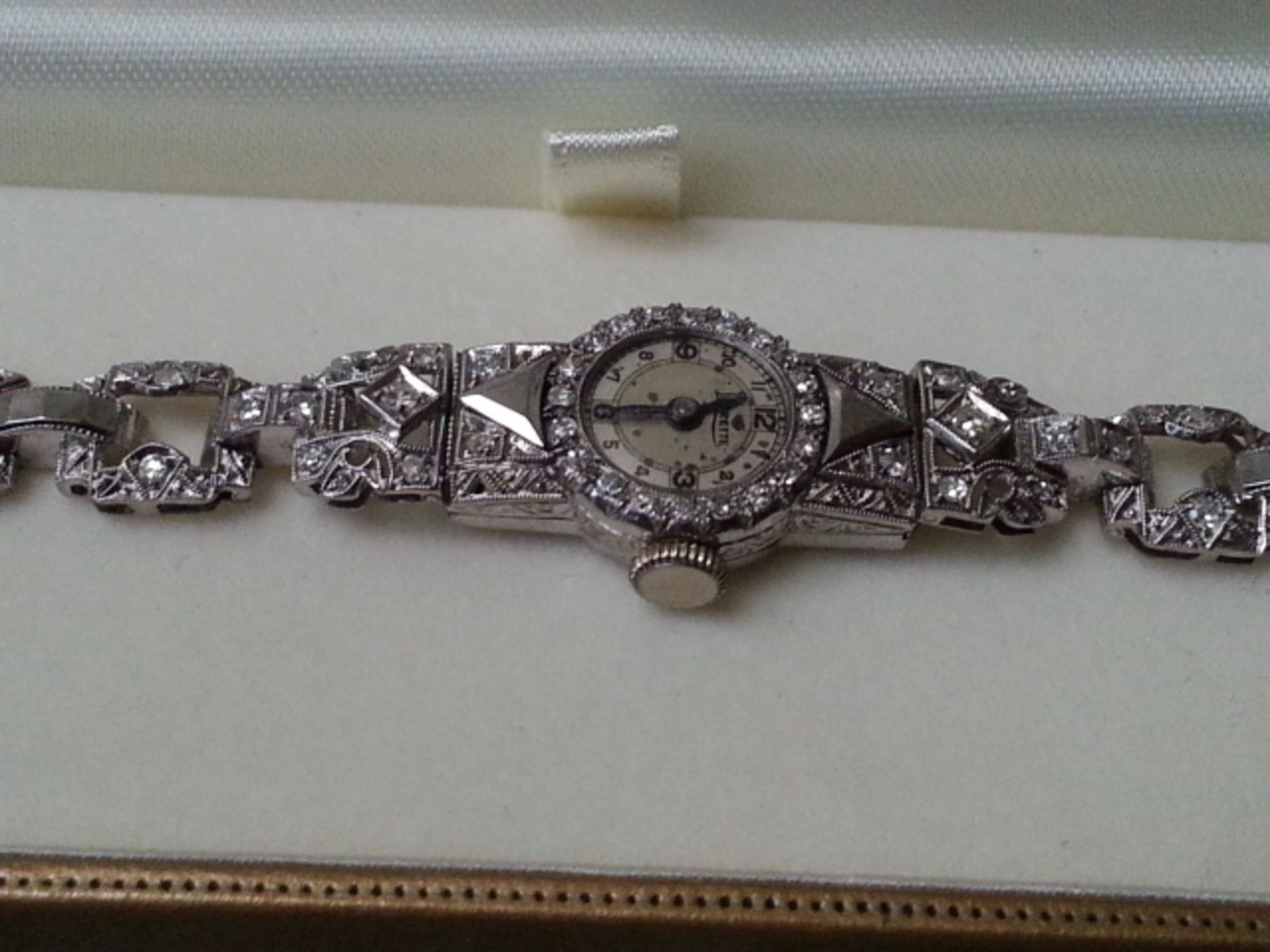 Antique 18 ct white gold and diamond cocktail Leverette wrist watch