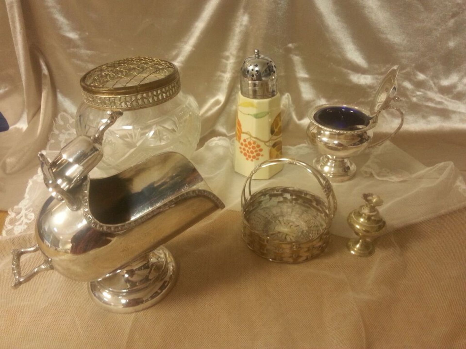 A Group of Silver Plated Items to include Pot with Blue Glass Liner, Spoon, Sugar Coal Scuttle,