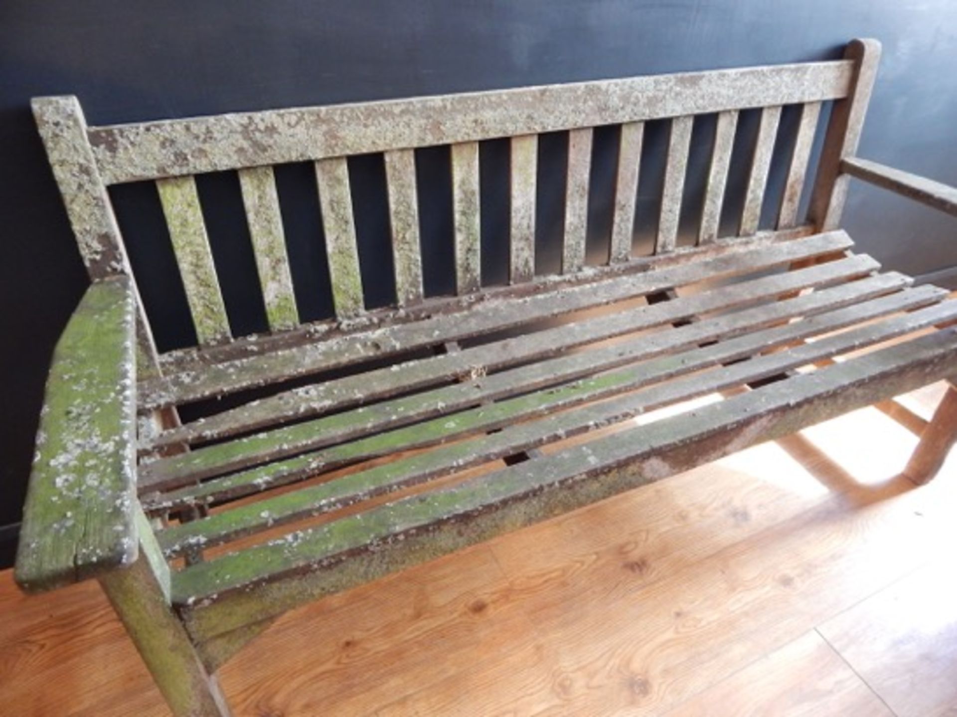 WEATHERED TEAK GARDEN BENCH Teak garden bench, nicely weathered losses to two slats , structurally - Image 3 of 3