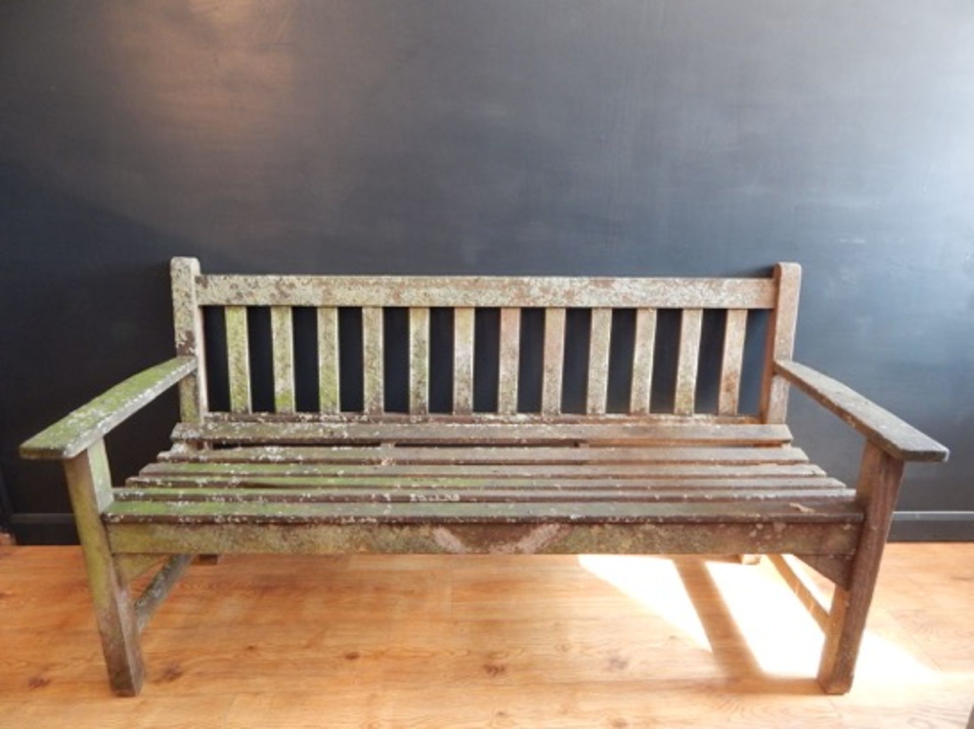 WEATHERED TEAK GARDEN BENCH Teak garden bench, nicely weathered losses to two slats , structurally