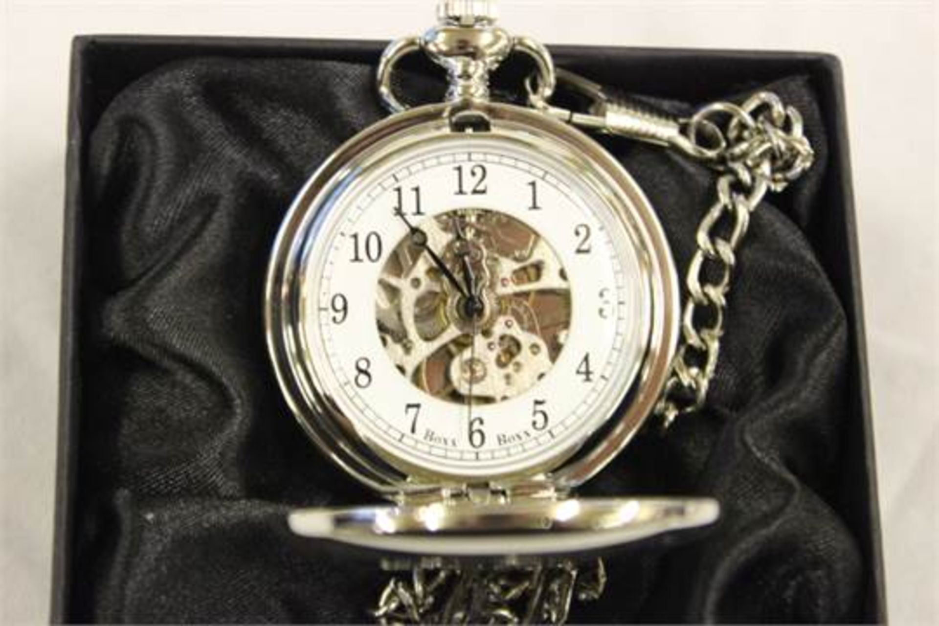 Skeleton Face Pocket Watch with Chain New Boxed