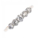 A diamond five-stone ring. The graduated circular-cut diamond line, to the tapered shoulders and