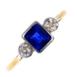 A sapphire and diamond ring. The square-shape sapphire with old-cut diamond sides to the tapered