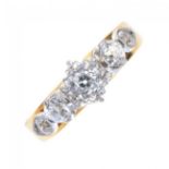 A diamond five-stone ring. The graduated circular-cut diamond line, to the tapered shoulders and