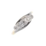 Platinum and gold mid 20th century single cut diamond five stone ring. ( TWC 0.2 ,  GW 2 )