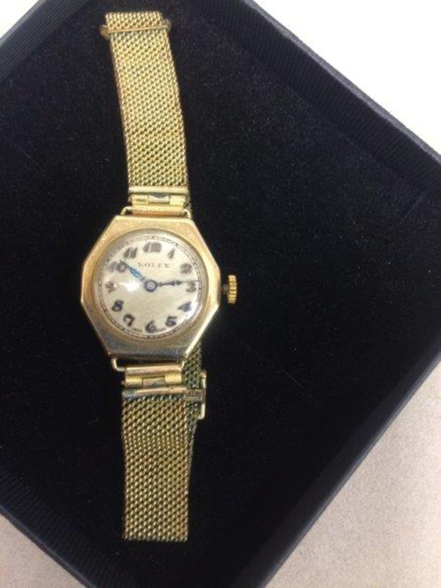 Ladies 9ct gold 1920's Rolex watch on metal bracelet