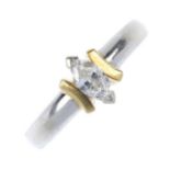 An 18ct gold diamond single-stone ring. Of bi-colour design, the marquise-cut diamond, to the curved